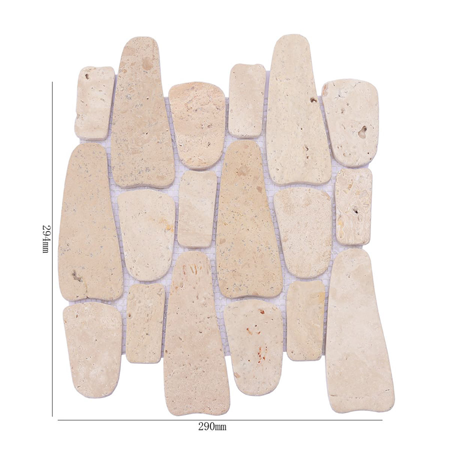 Beige flat pebble mosaic tile sheet with size measurements