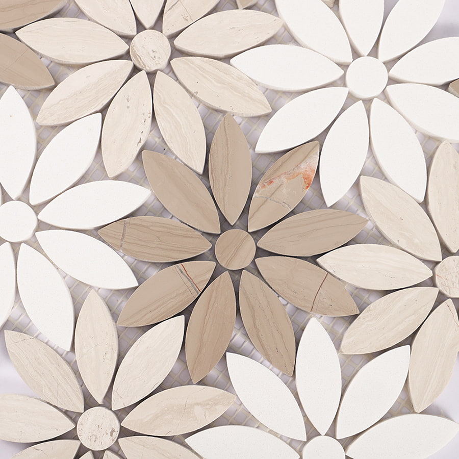 Close up of beige and white marble flower mosaic pattern.