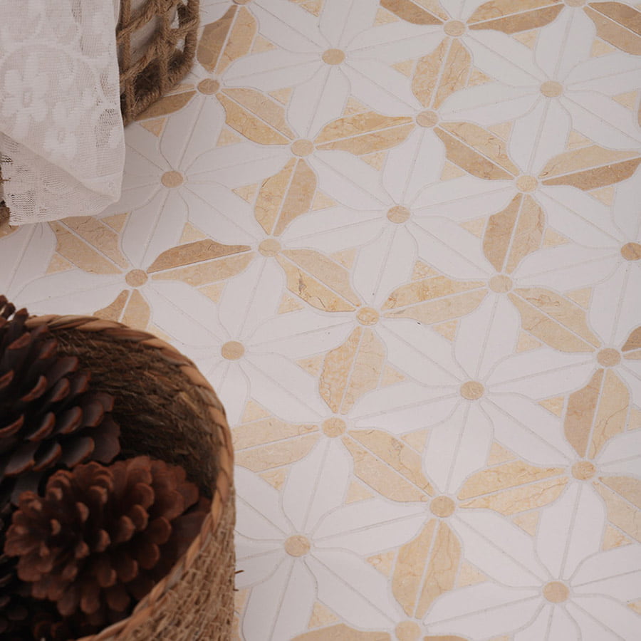 Floral mosaic tile with basket and pinecones decor