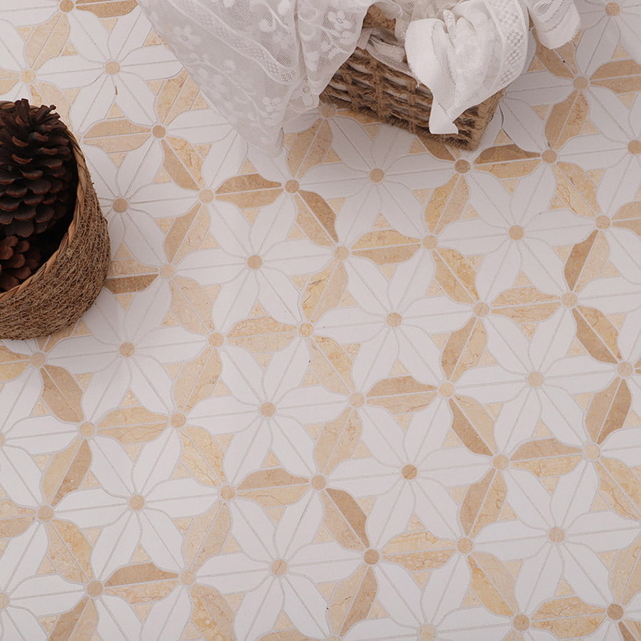 Floral mosaic tile flooring with basket and lace fabric