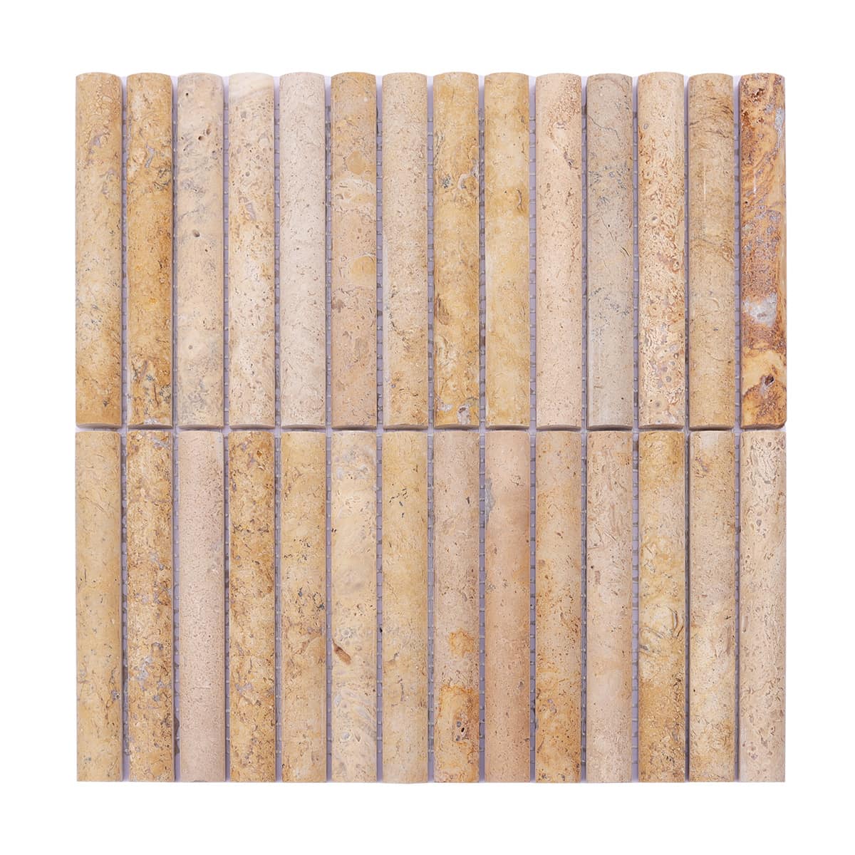 Full view of beige fluted travertine mosaic tile sheet