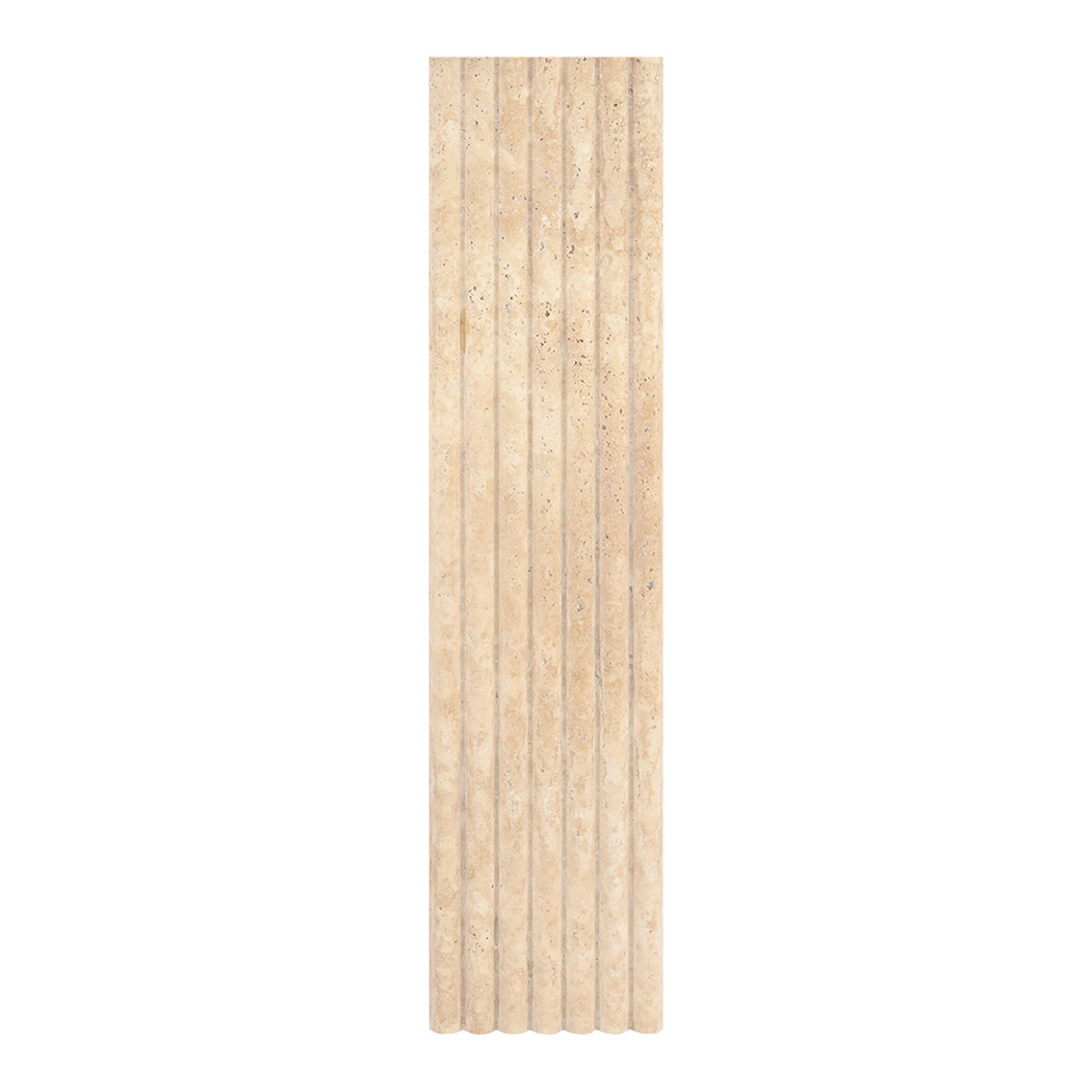 Beige fluted travertine stone wall tile with vertical ridges on a white background.