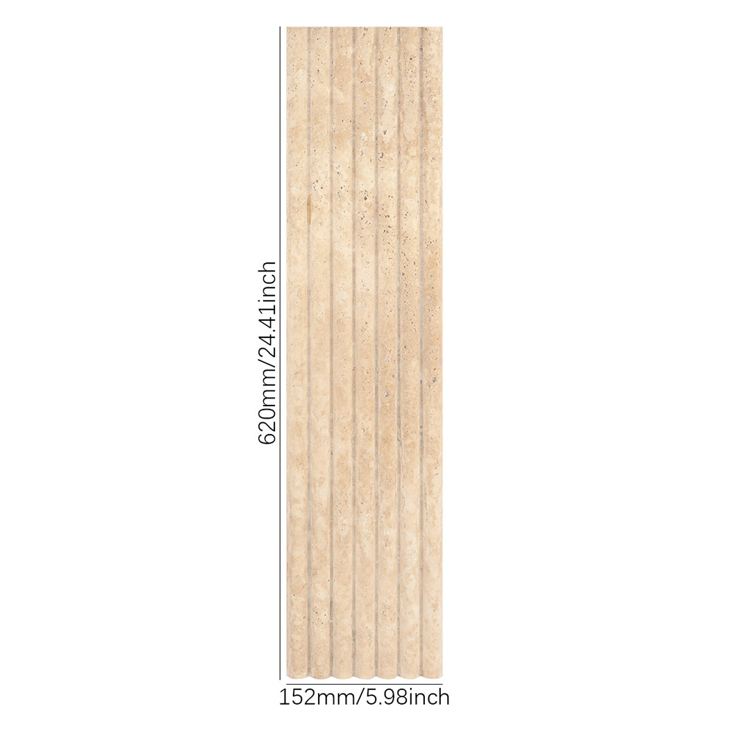 Beige fluted travertine tile showing dimensions 620mm by 152mm.