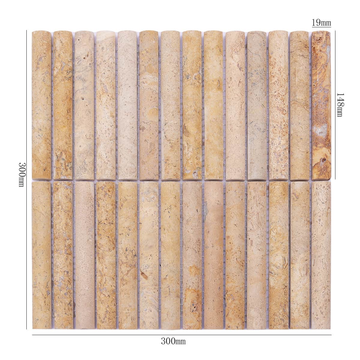 Beige fluted travertine mosaic tile sheet with dimensions shown