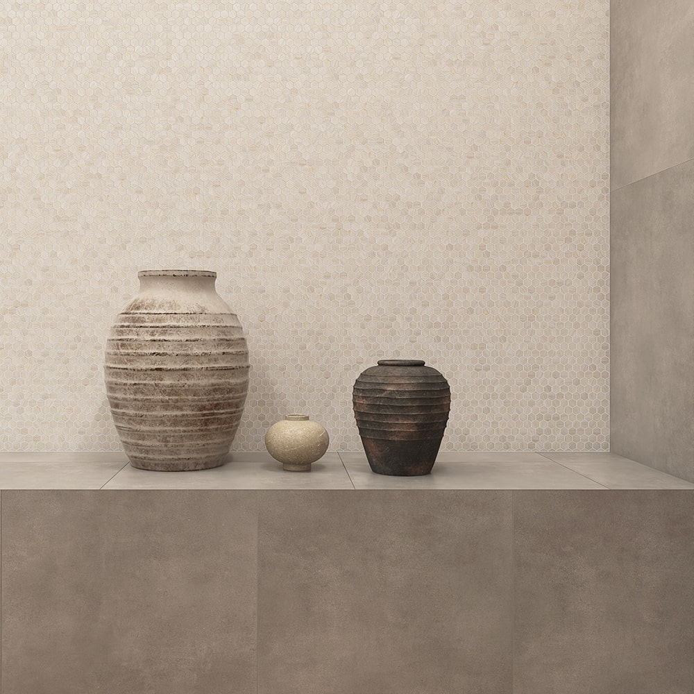 Beige glass hexagonal mosaic tiles, perfect for creating a sophisticated, timeless wall feature