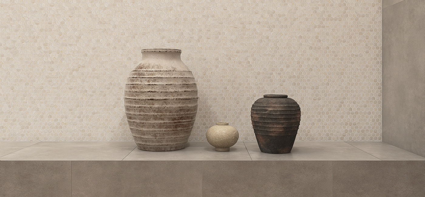 Beige glass hexagonal mosaic tiles creating a sophisticated, timeless design