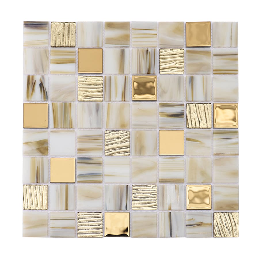Full view of beige mosaic tile sheet with glossy and gold textured finish