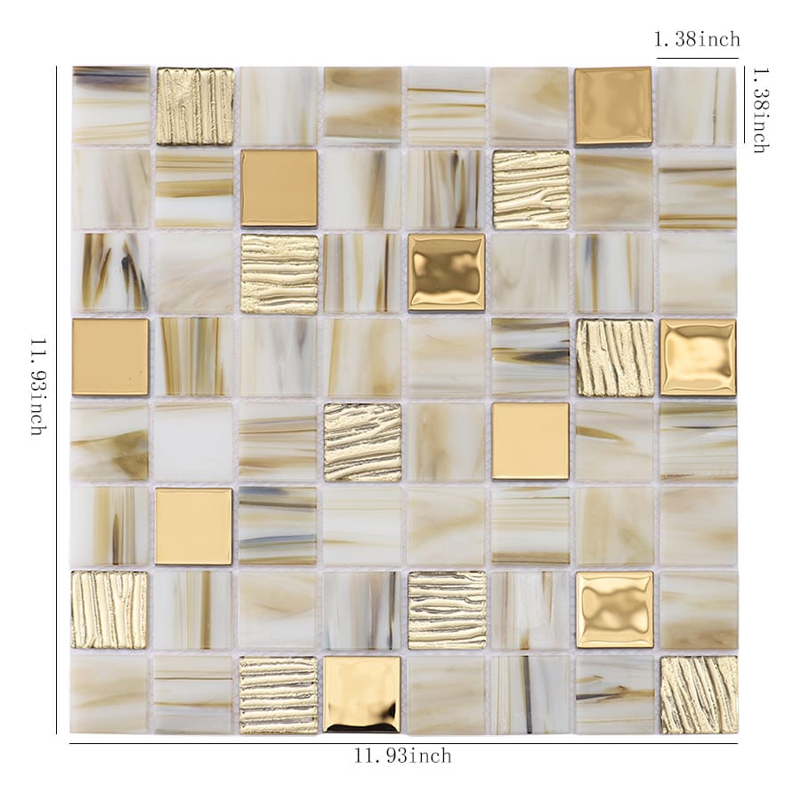 Square beige mosaic tile sheet with gold accents and size dimensions