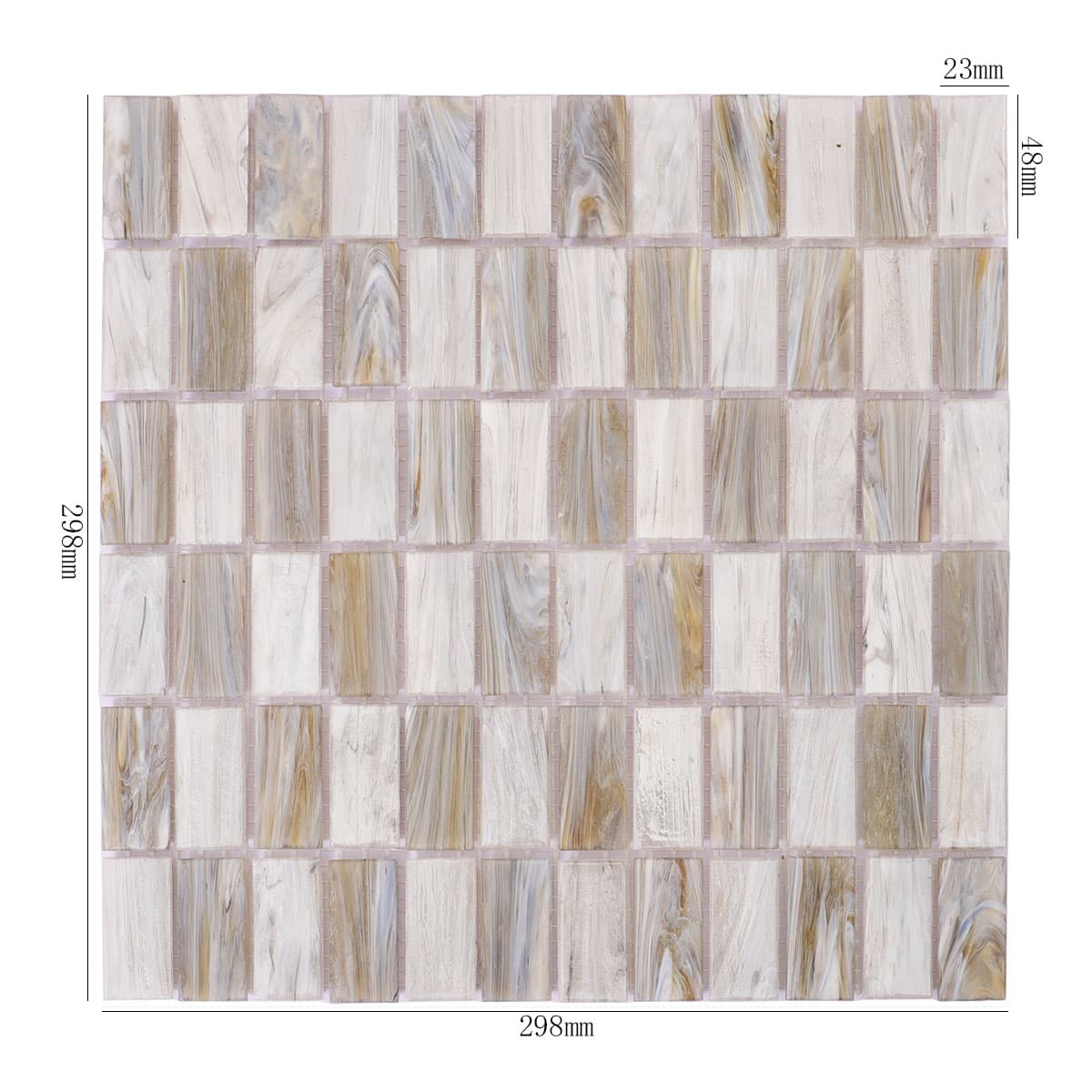 Beige and gray checkered rectangular glass mosaic tile sheet with measurements