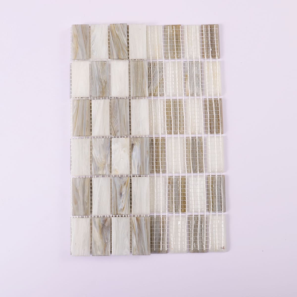 Back mesh view of beige and gray checkered rectangular glass mosaic tile