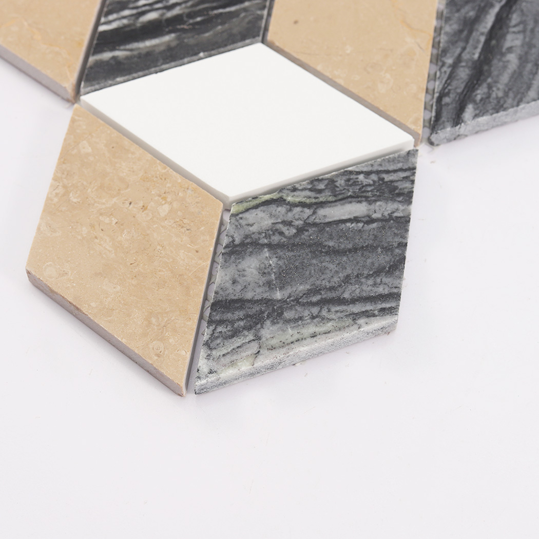 Side close up of beige and gray cube marble mosaic tile showing thickness