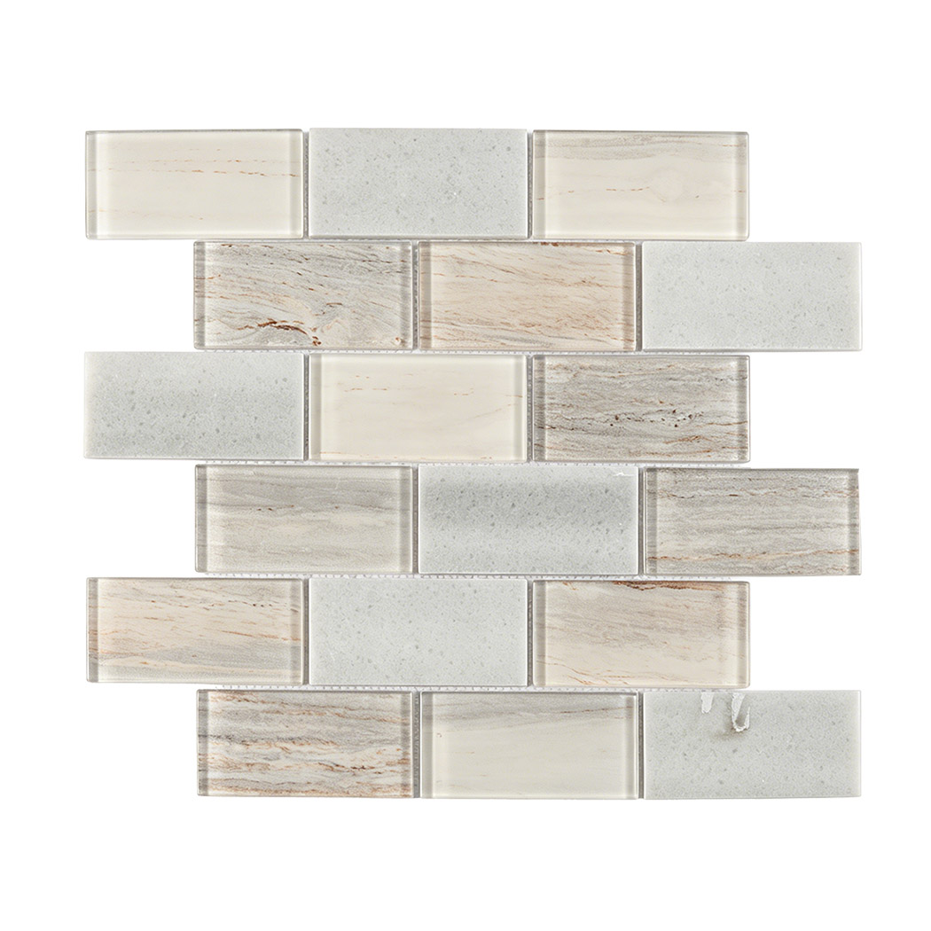 Front view of beige gray glass and stone subway mosaic in brick layout