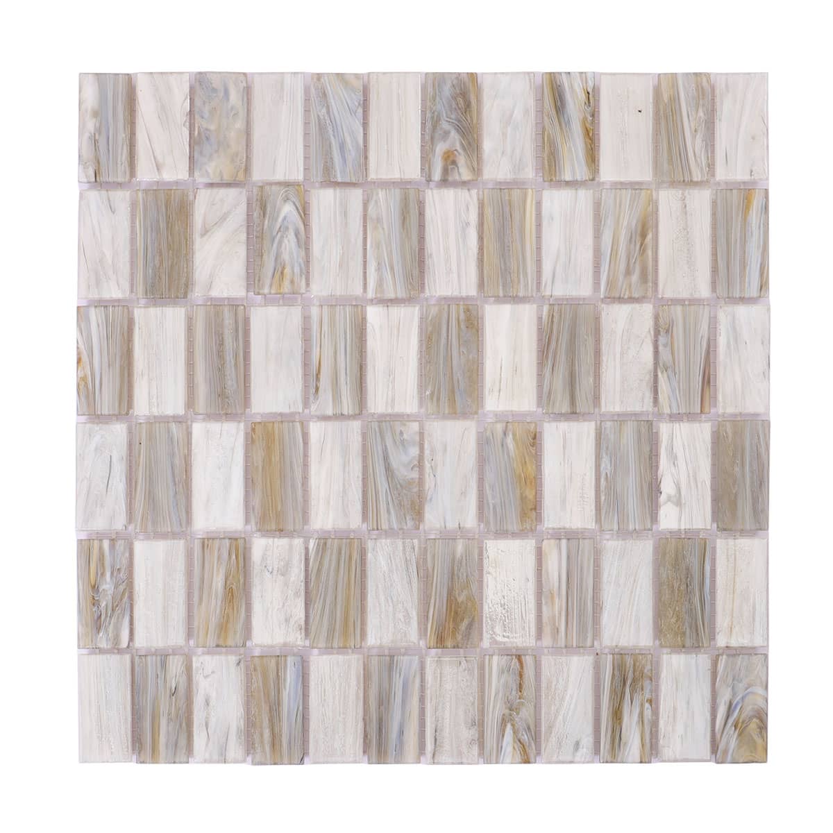 Full front view of beige and gray checkered rectangular glass mosaic tile