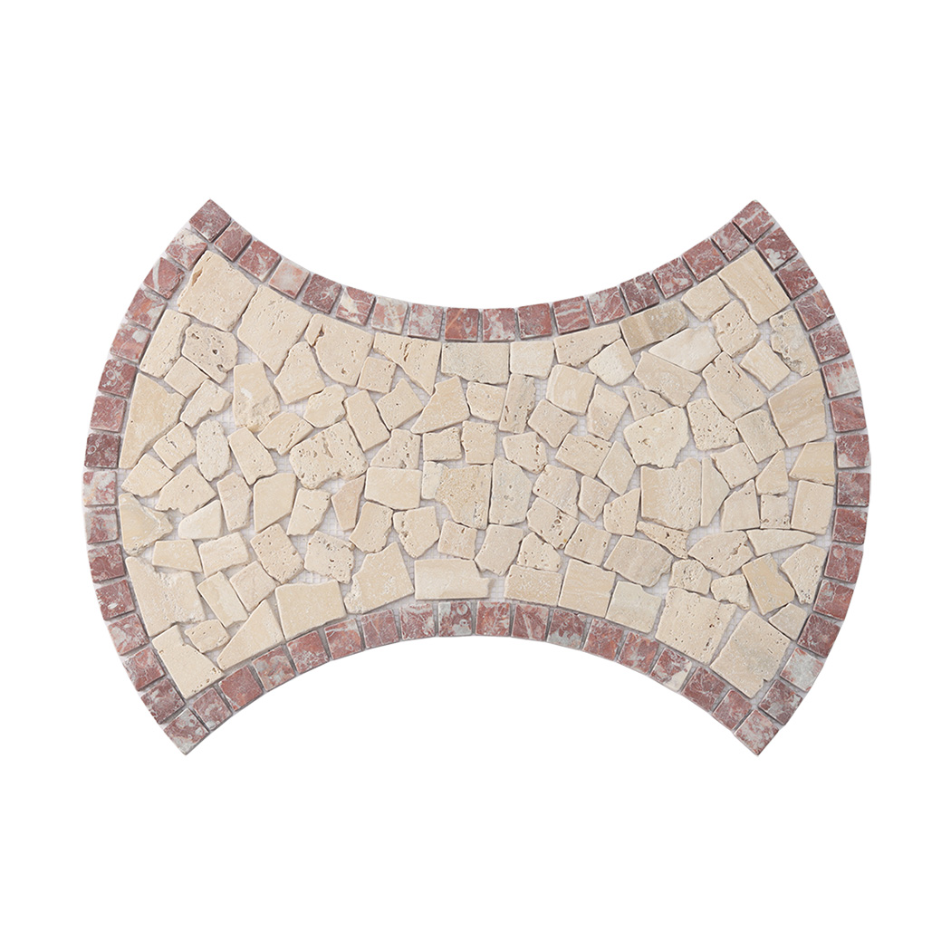 Full sheet view of beige irregular marble pebble mosaic with red border tiles