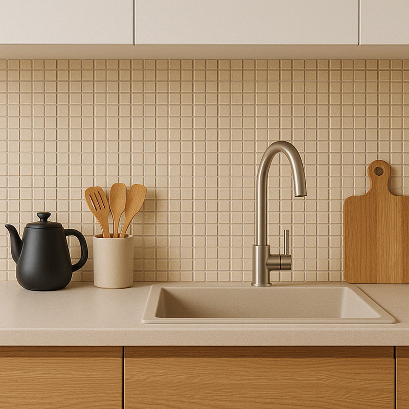 Beige marble backsplash tile used in a minimalist kitchen design with wooden elements 