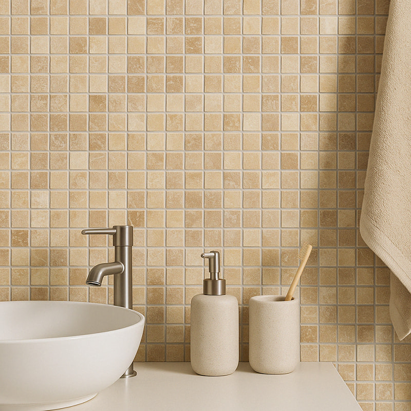 Beige marble mosaic tiles on a bathroom wall with a white basin and minimalist decor. 