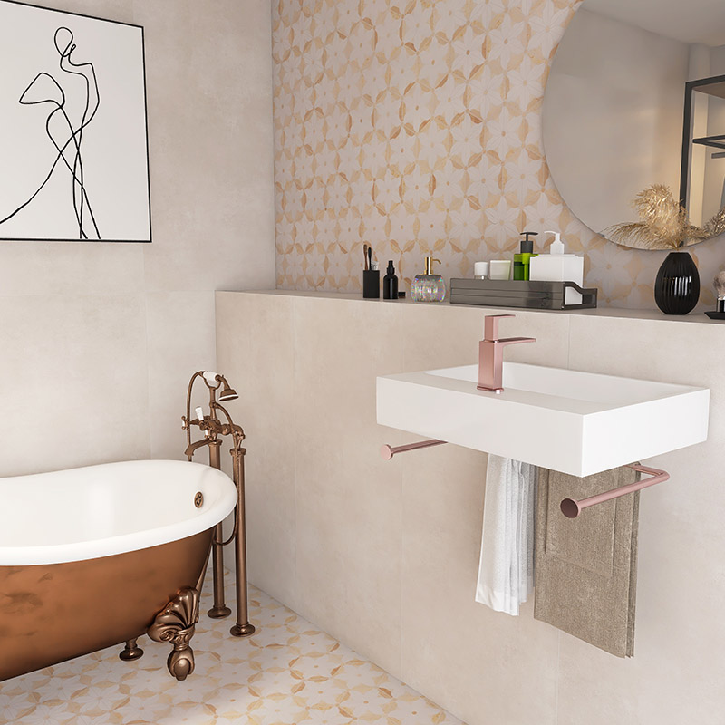 Beige marble tile bathroom with floral pattern wall tile and floating sink