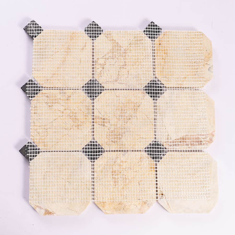 Back view of beige octagon marble mosaic with mesh backing