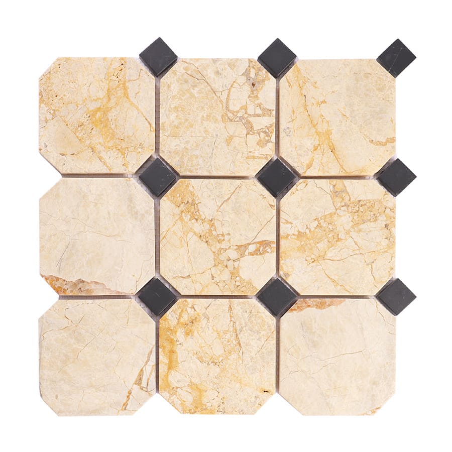 Front view of beige octagon marble mosaic with black square accents