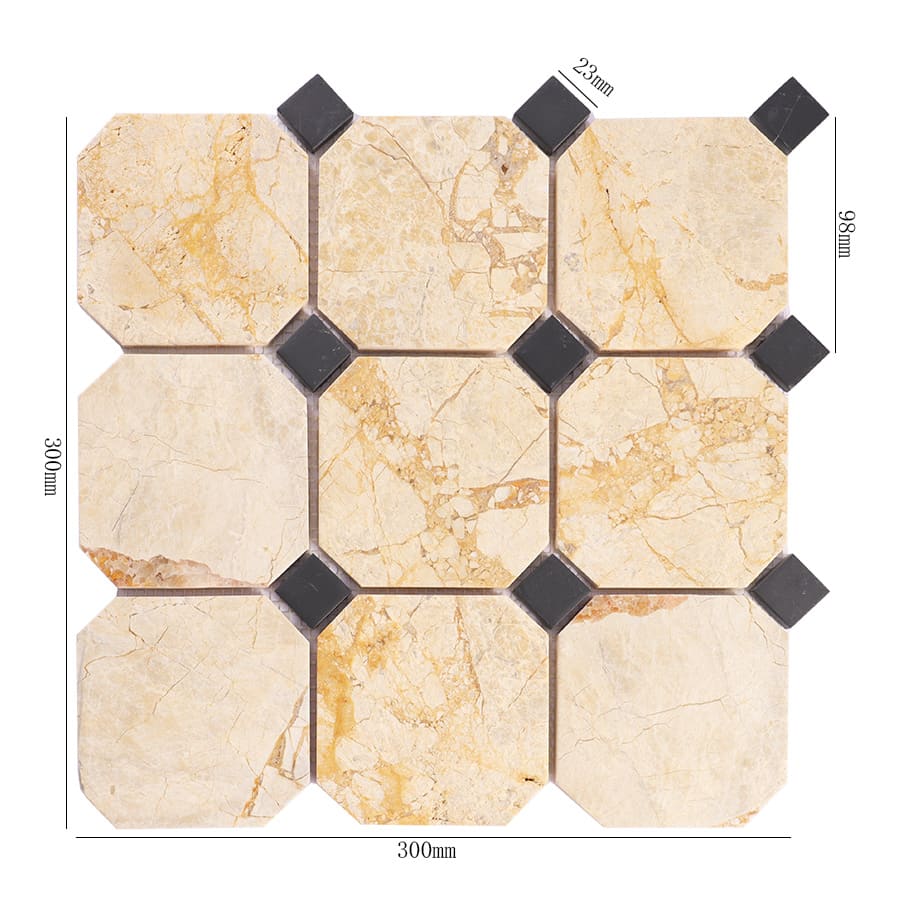 Beige octagon marble mosaic with black square accents and size dimensions