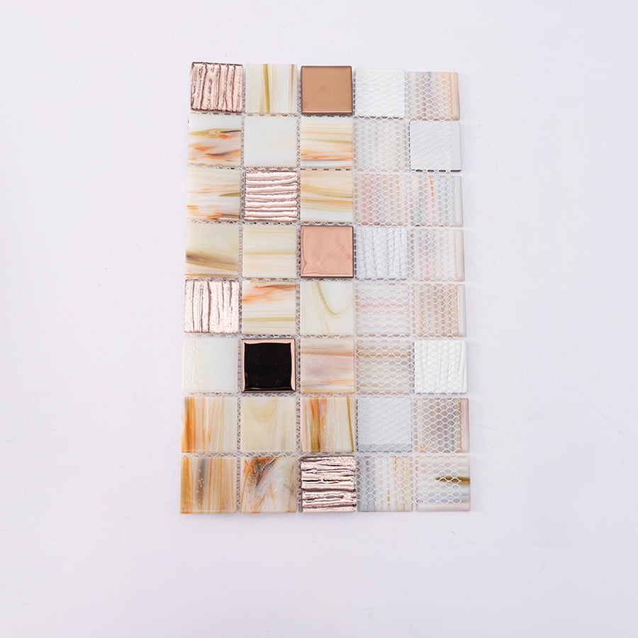 Back side view of beige rose gold mosaic tile sheet showing mesh backing