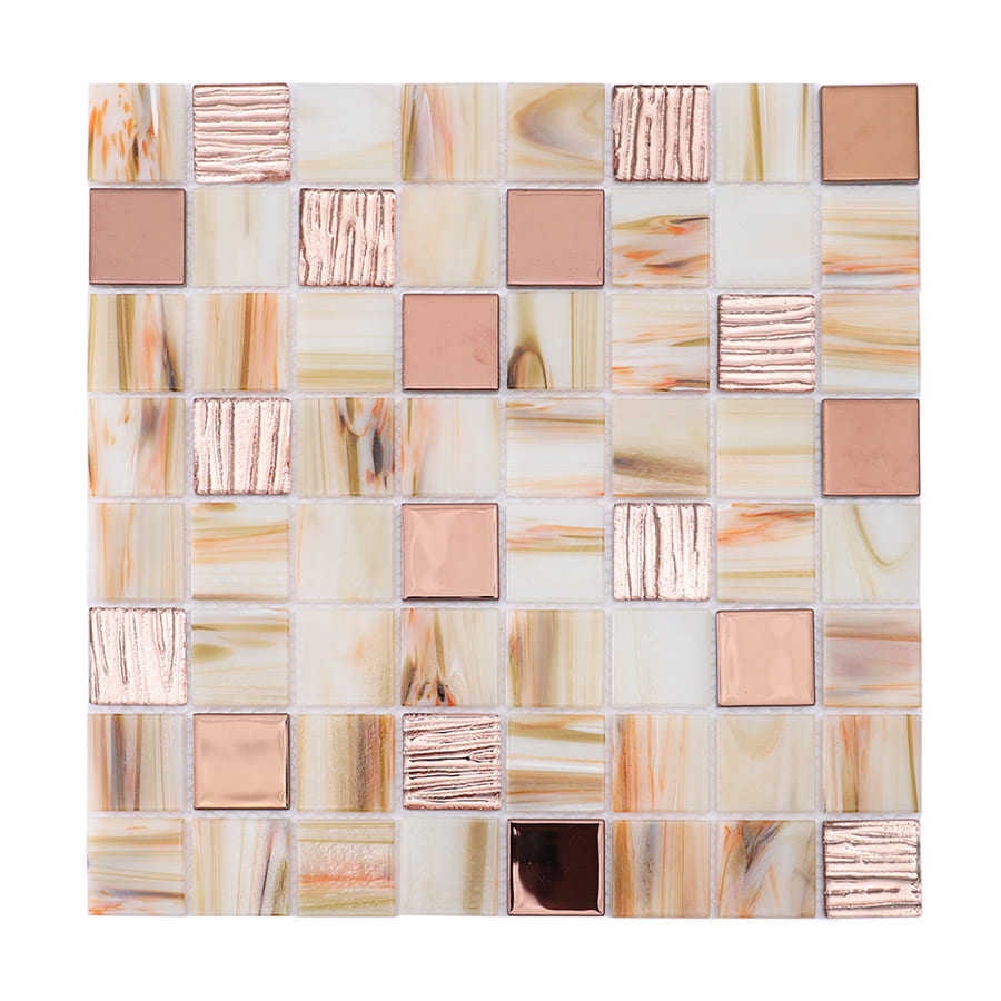 Full view of beige rose gold mosaic tile sheet with metallic finish