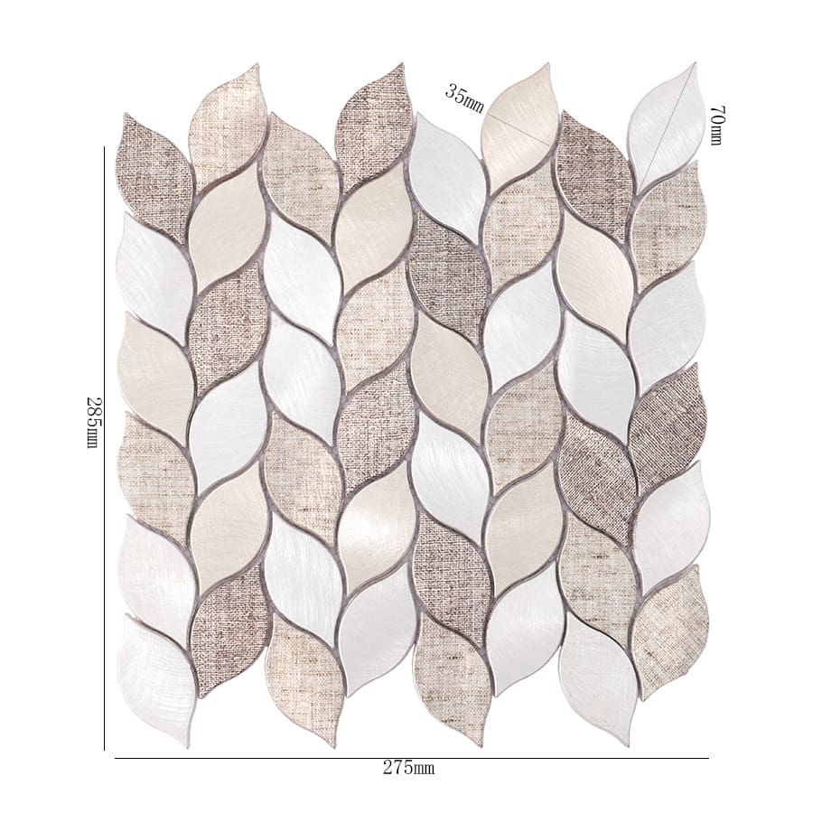Leaf aluminum mosaic tile in beige and silver with size measurements