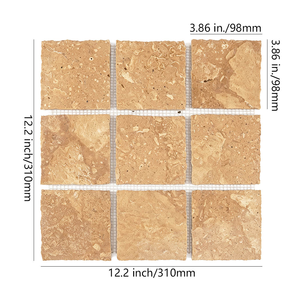 Beige square marble mosaic with 98 mm pieces on a 310 mm mesh backed sheet