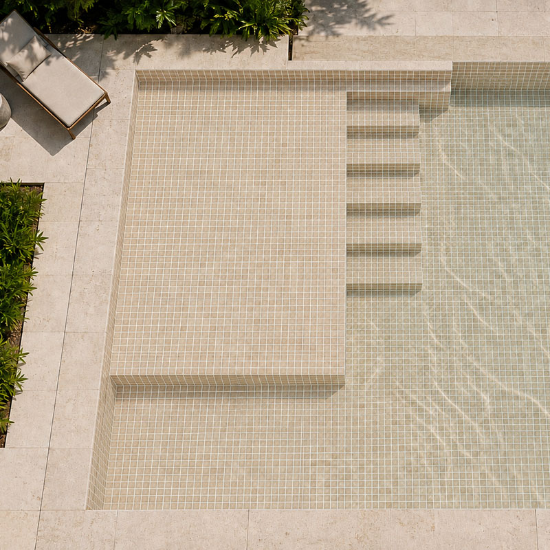 Beige square travertine pool tiles covering submerged steps and a shallow lounge area