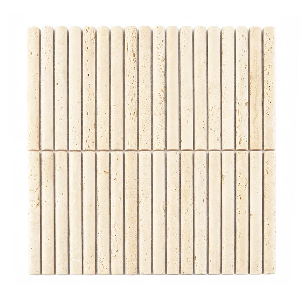Full sheet of beige travertine fluted mosaic tile with vertical rounded strips