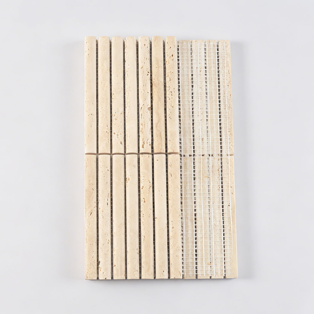 Beige travertine fluted mosaic tile showing front strips and mesh backing