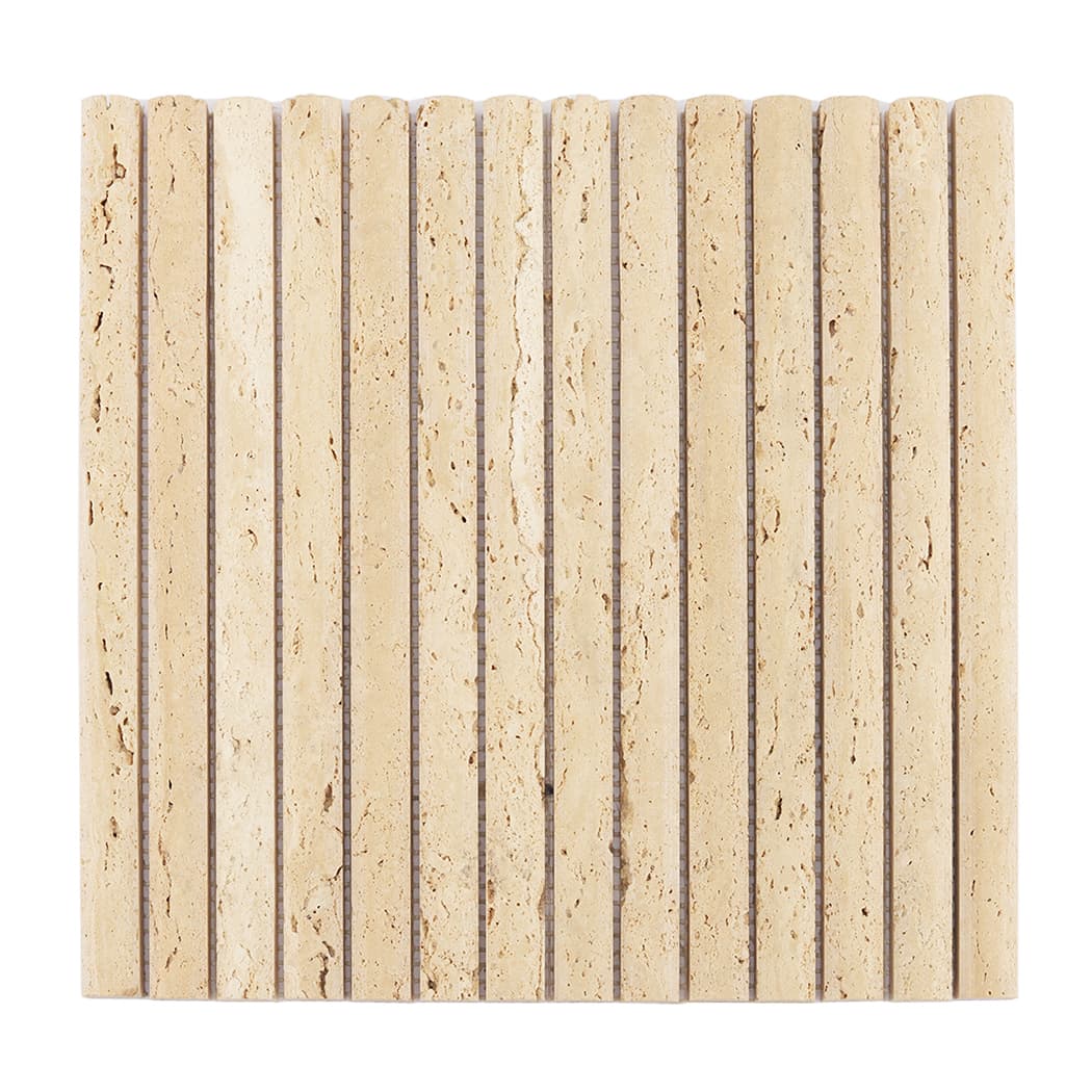 Flat top-down view of a cream travertine fluted pencil mosaic tile sheet.