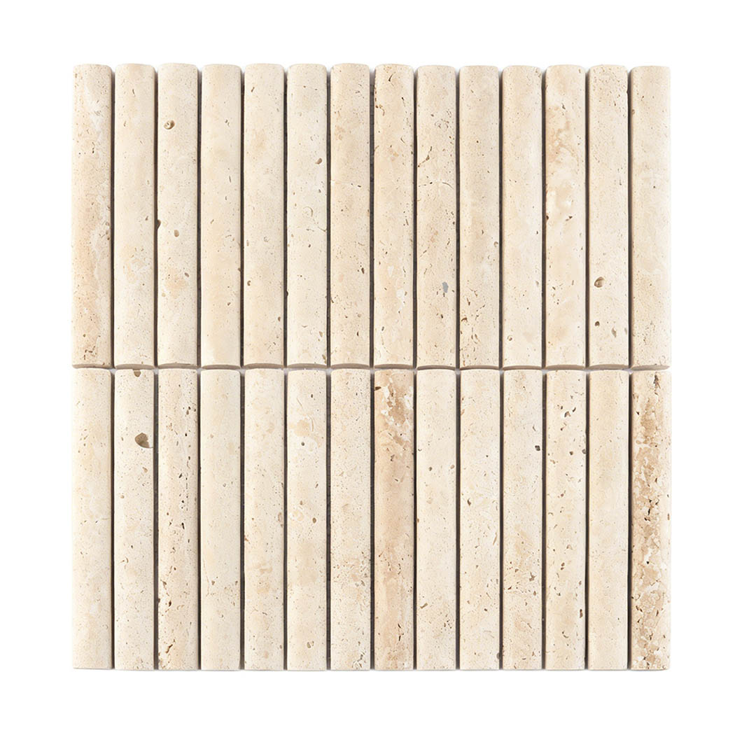 Front view of beige travertine fluted rod mosaic tile with vertical rounded strips