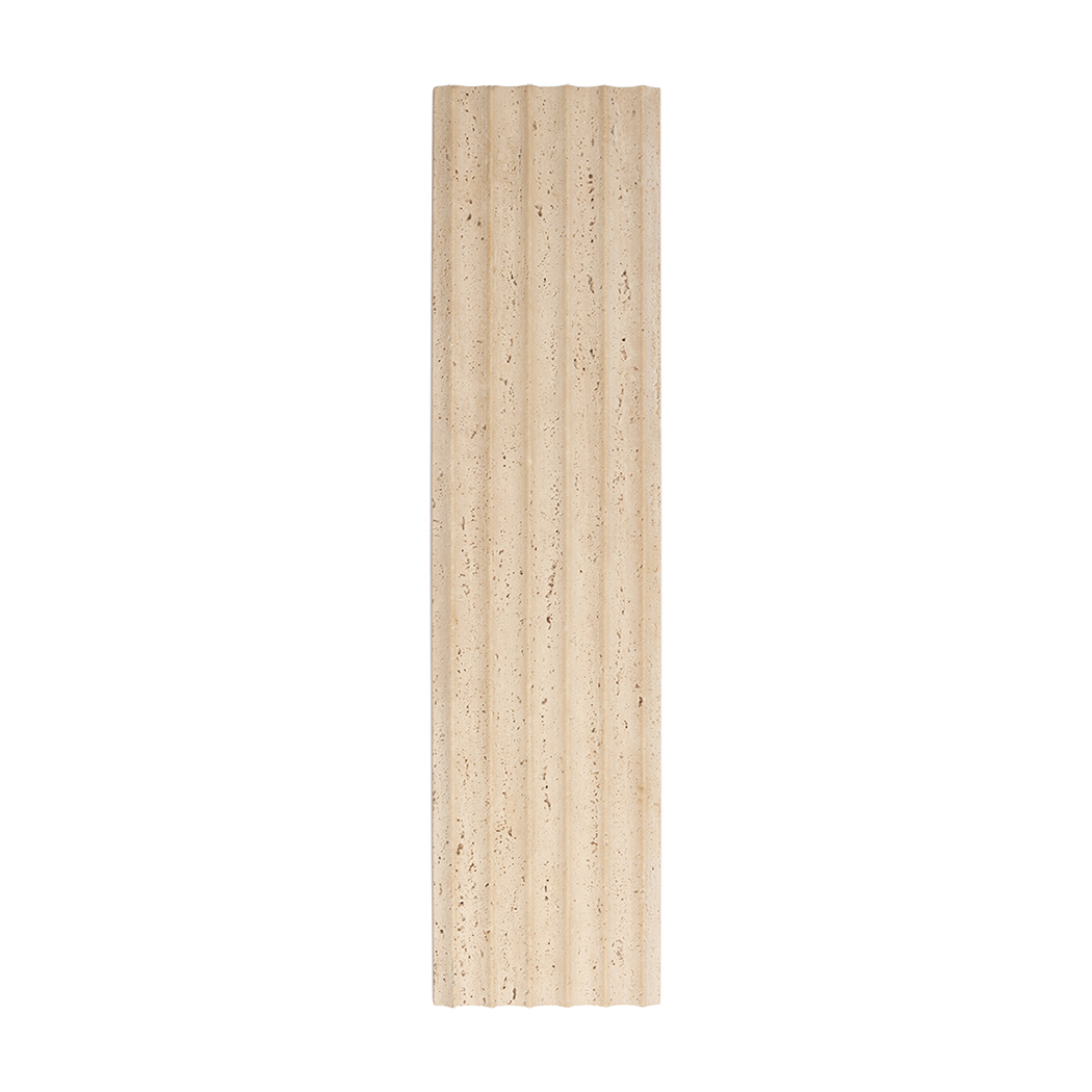 Front view of beige travertine fluted tile with natural porous texture