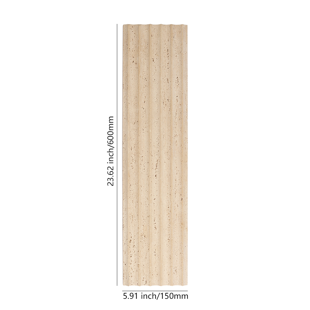 Beige travertine fluted tile showing 150mm by 600mm size