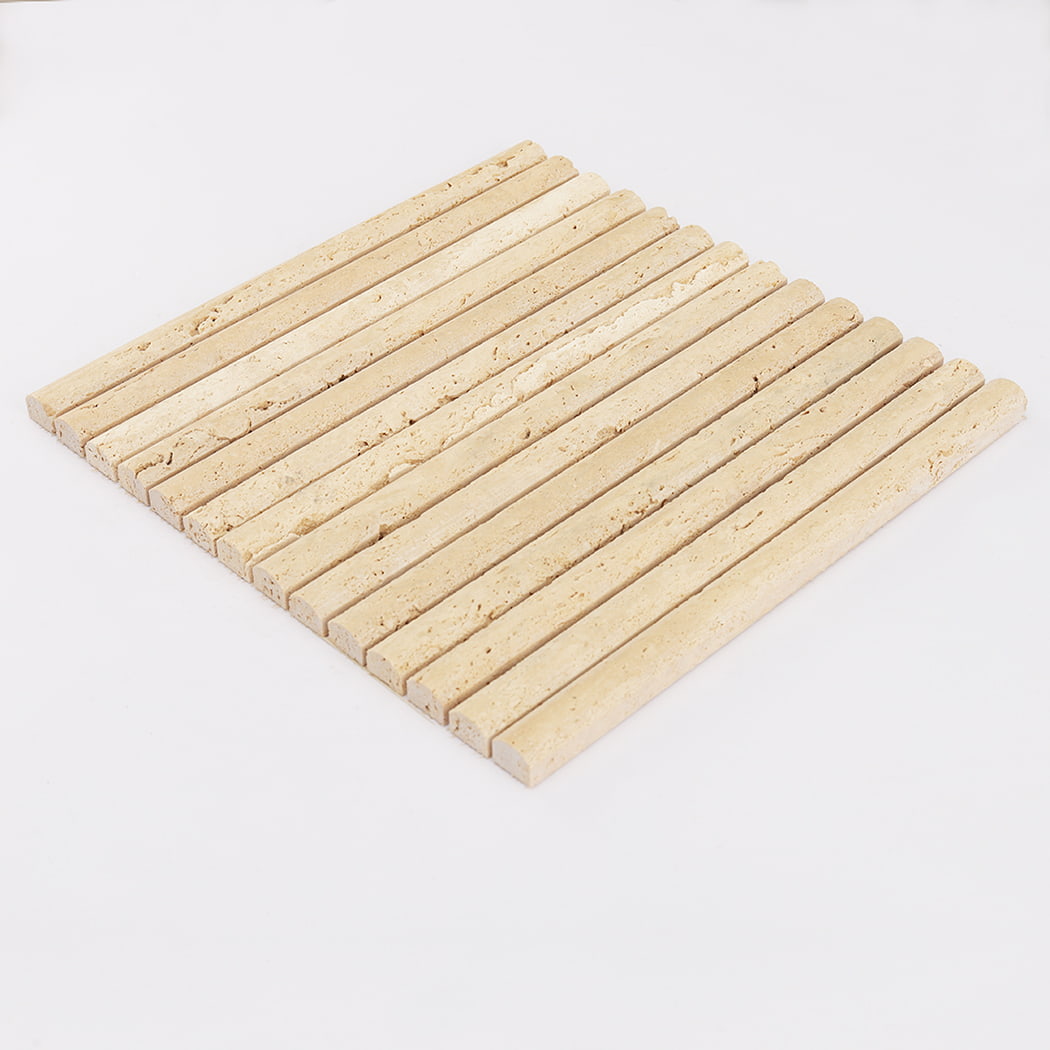 A full sheet of beige travertine kit kat mosaic tile displayed at an angle on a white surface.