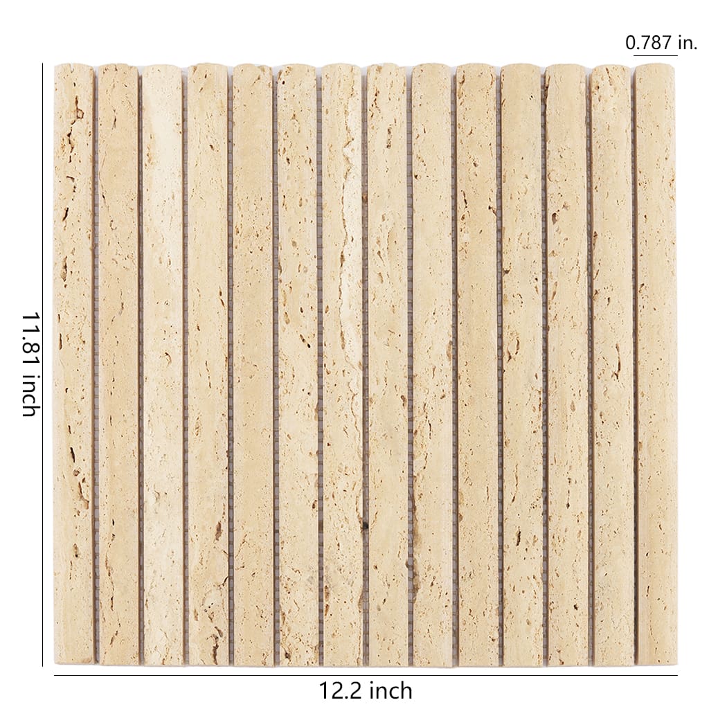 Top view of beige travertine kit kat mosaic tile with 12.2 by 11.81 inch size markings.
