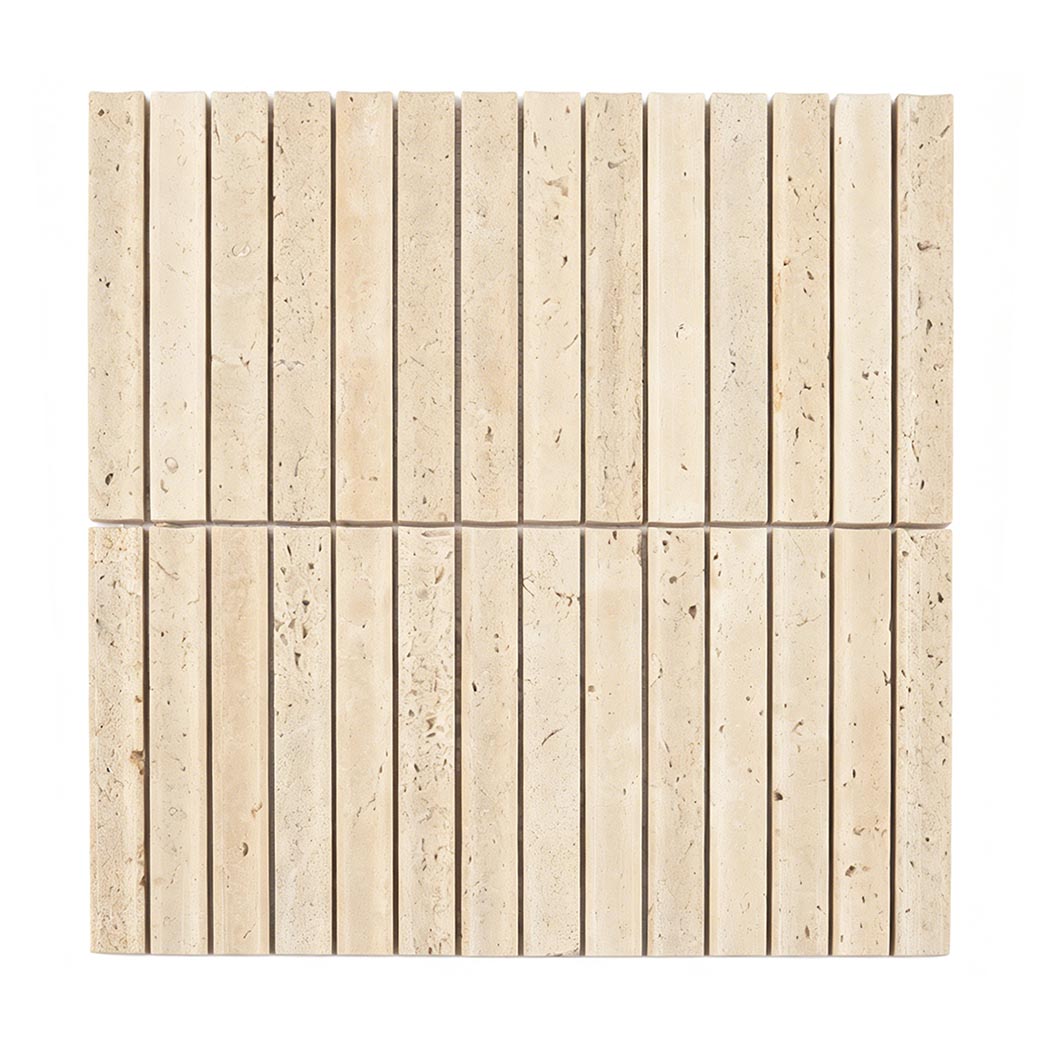 Full sheet of beige travertine linear mosaic tile with slim rectangular strips