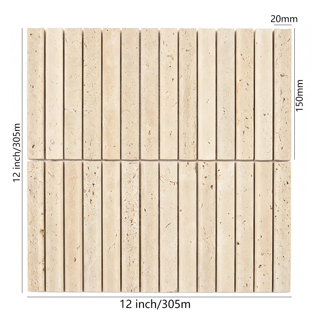 Beige travertine linear mosaic tile sheet with 20mm by 150mm strip size marks