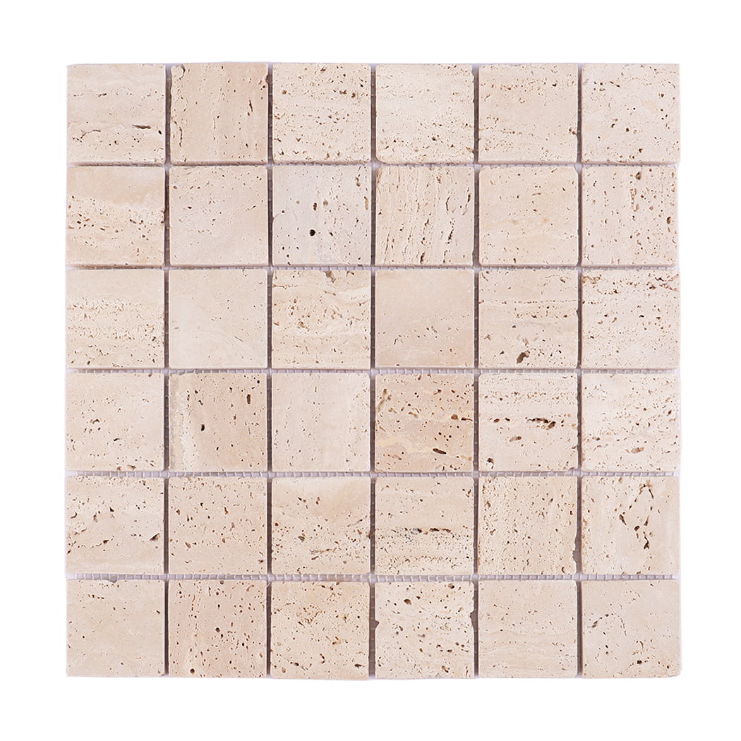 Front view of beige travertine square mosaic tile sheet.