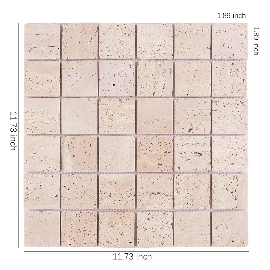 Beige travertine square mosaic tile with size measurements in inches.