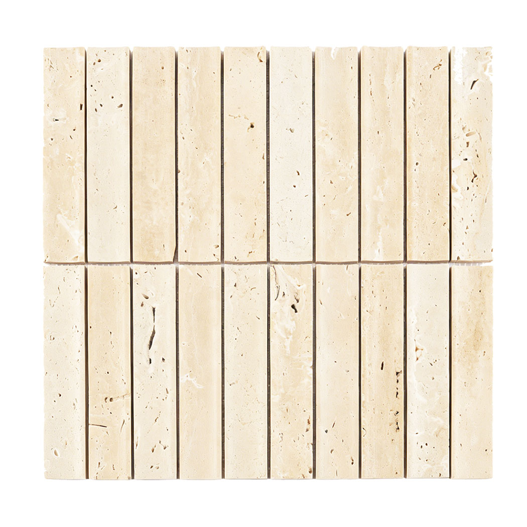 Top view of beige travertine stacked mosaic showing aligned linear tiles