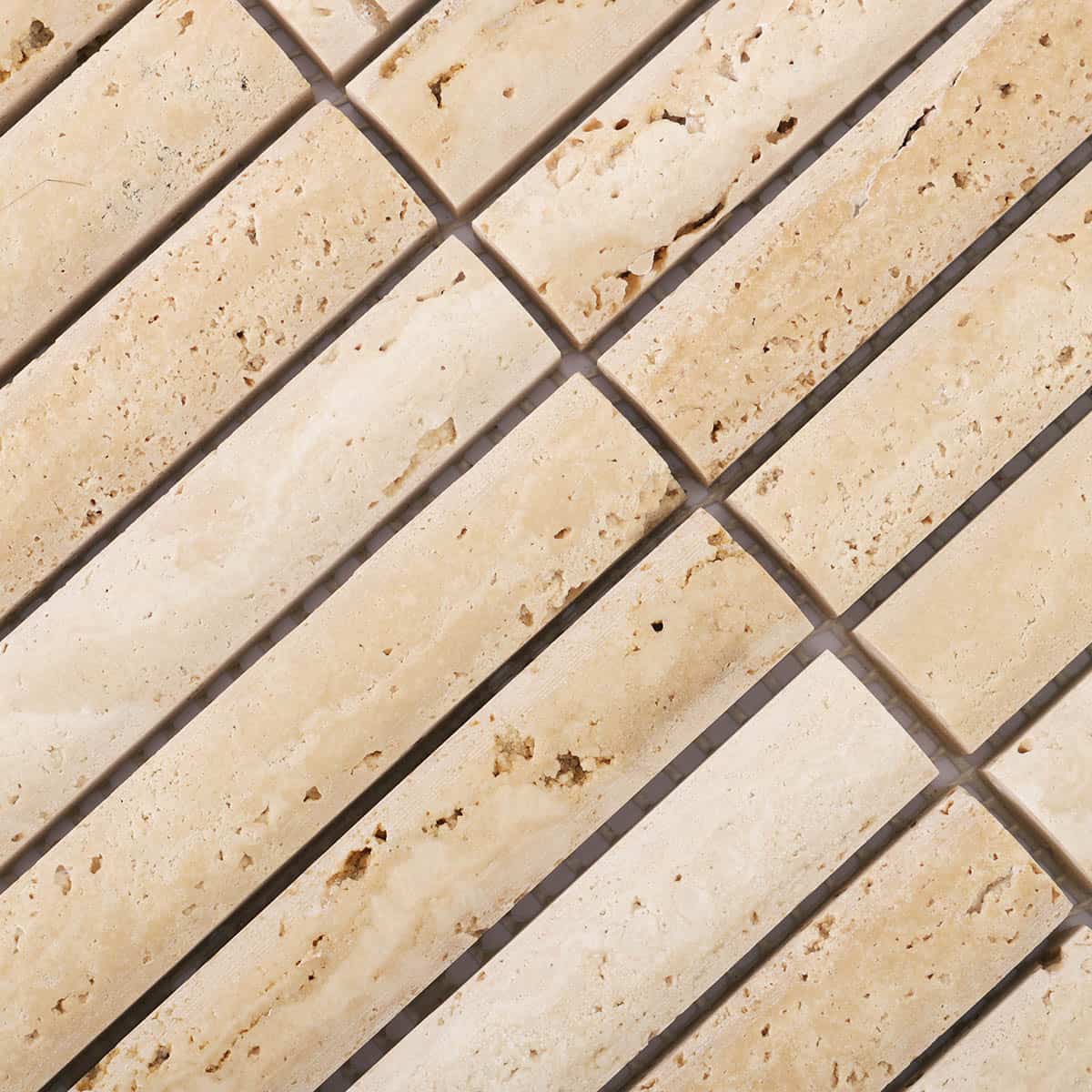 Surface texture close-up of beige travertine mosaic tile