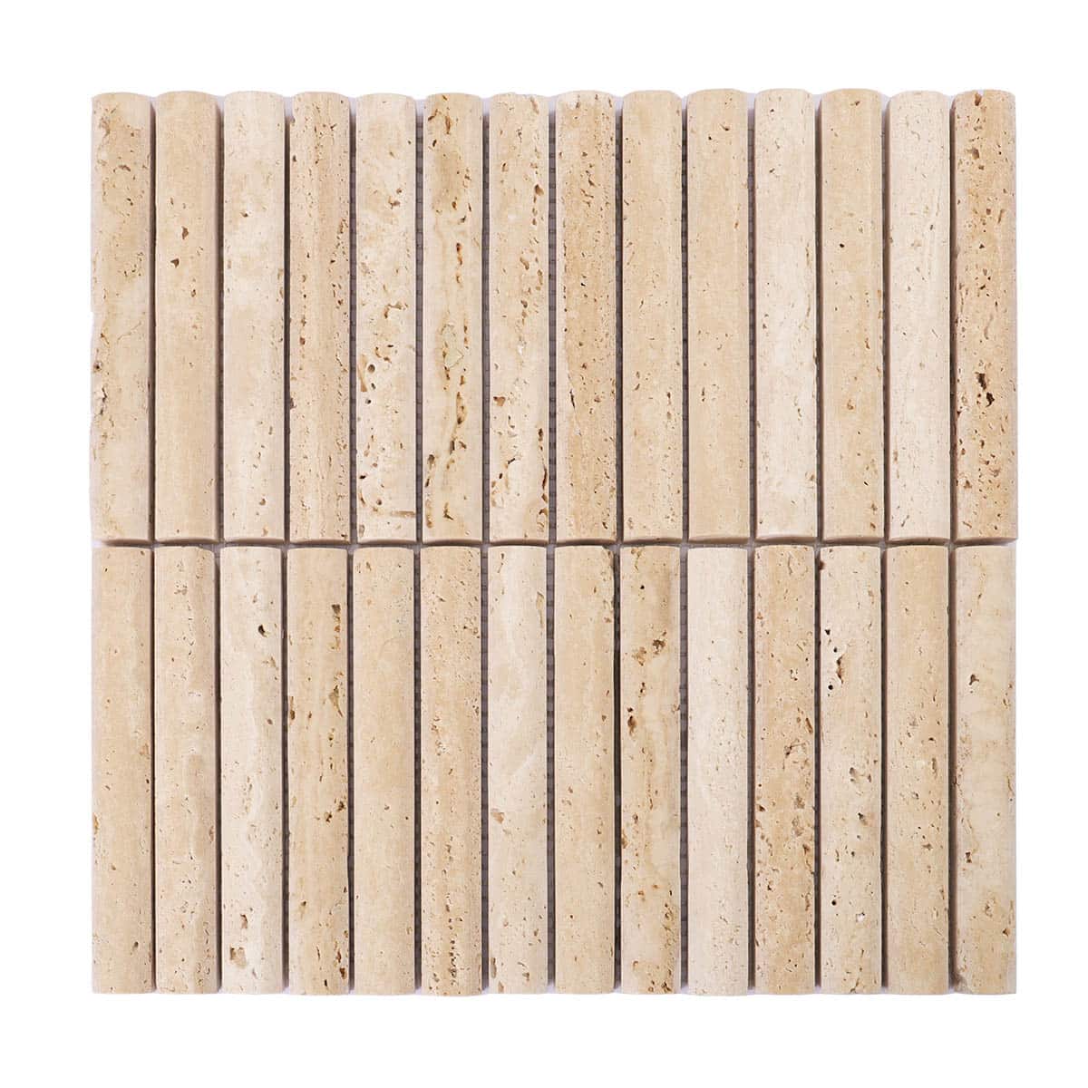 Front view of beige travertine stick mosaic tile sheet