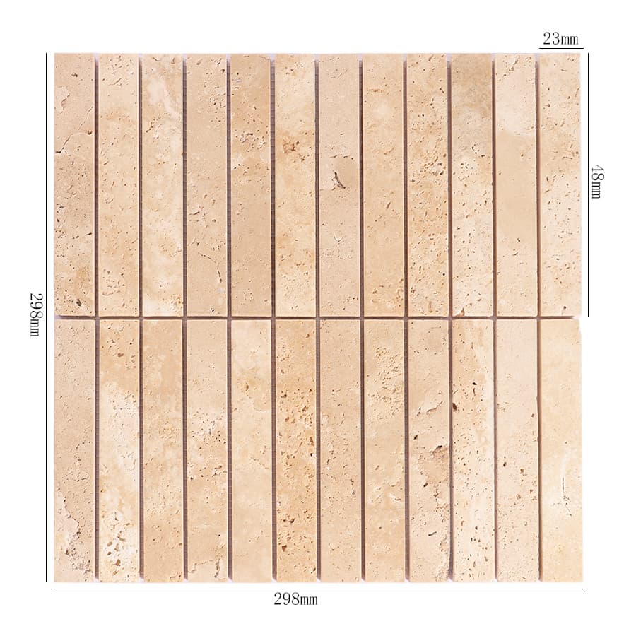 Beige travertine strip mosaic tile sheet with measurement dimensions
