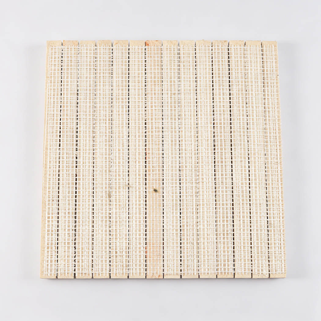 Back view of beige travertine vertical mosaic tile sheet with mesh backing