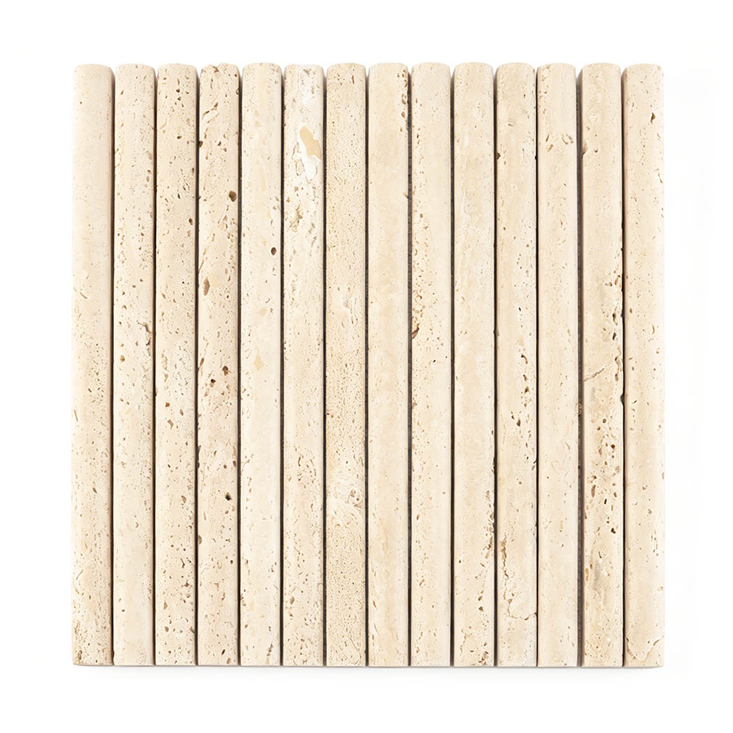 Front view of beige travertine vertical rod mosaic tile with soft natural stone texture
