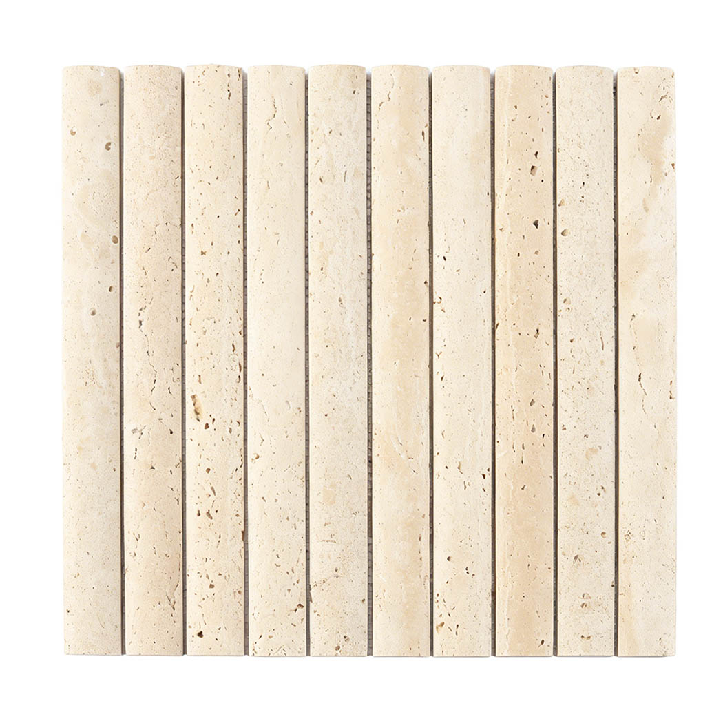 Front view of beige travertine wide bar tile with natural porous stone texture