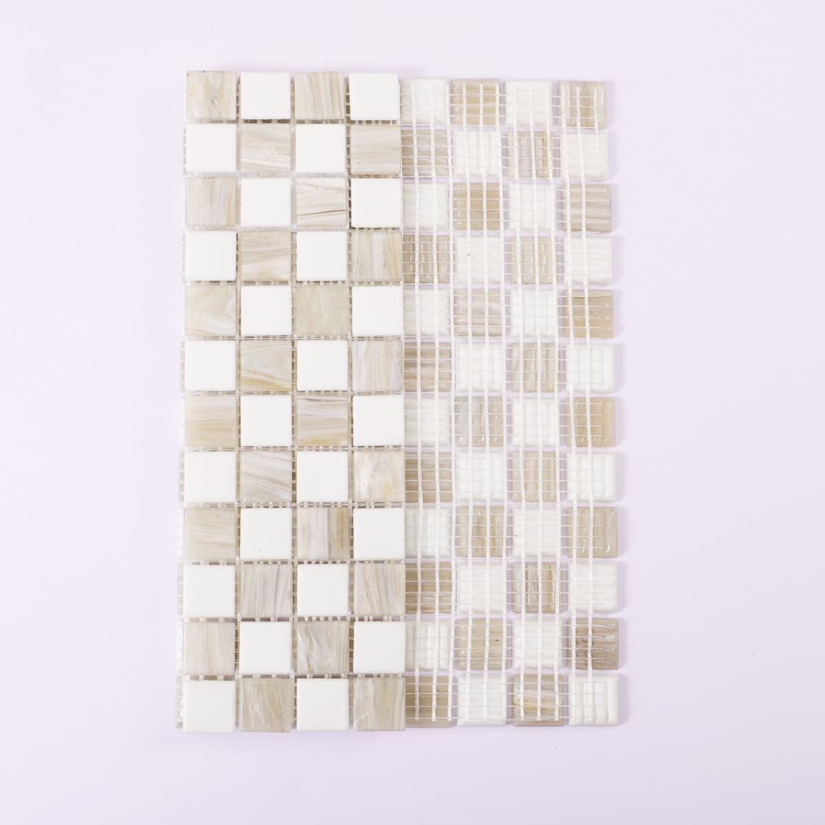 Front and back of beige white checkered glass mosaic with mesh backing