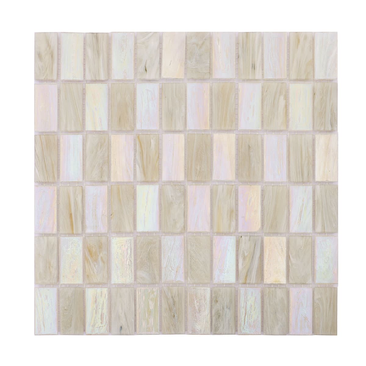 Full sheet of beige and white iridescent checkered rectangular glass mosaic tile
